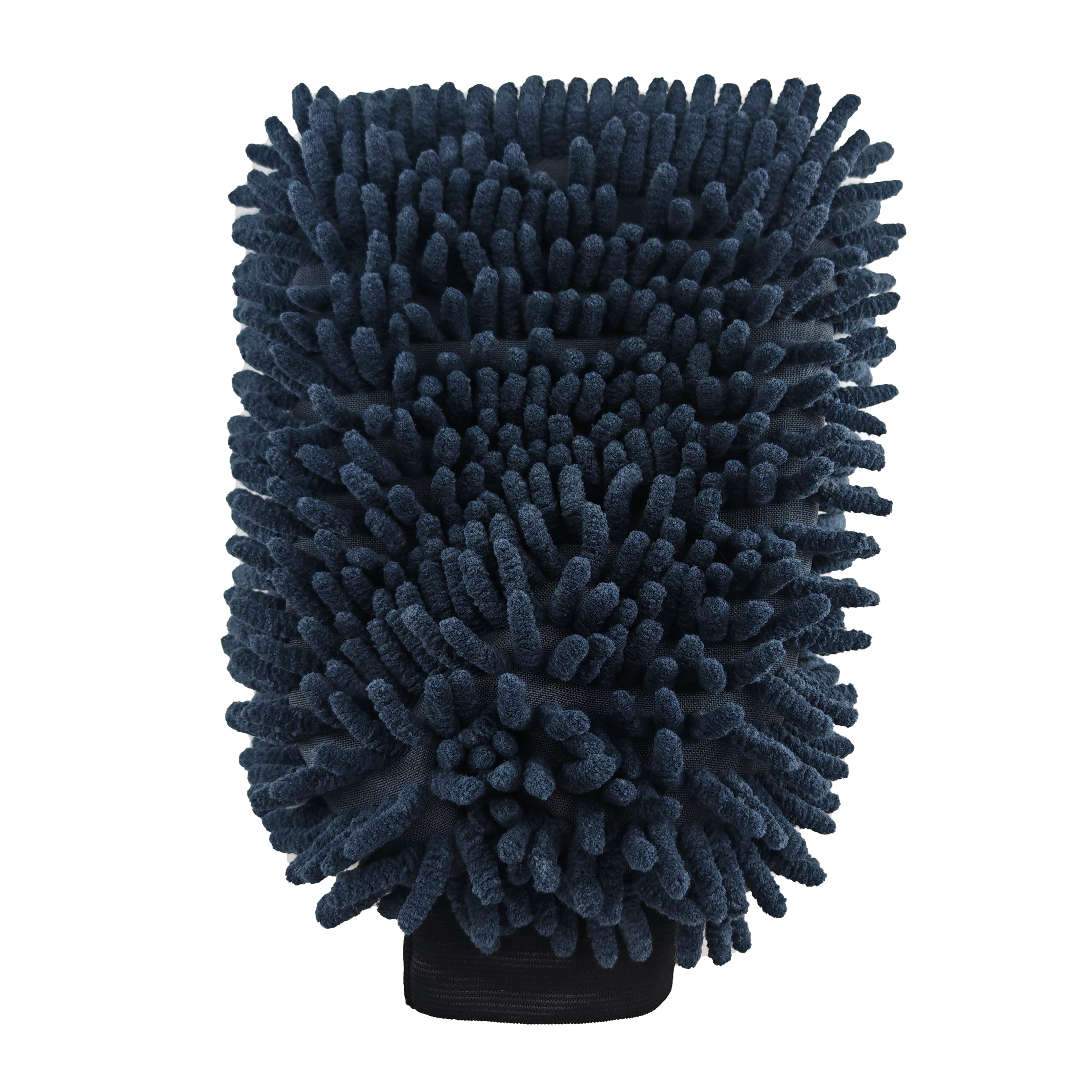 Black microfiber cleaning mitt on a white background