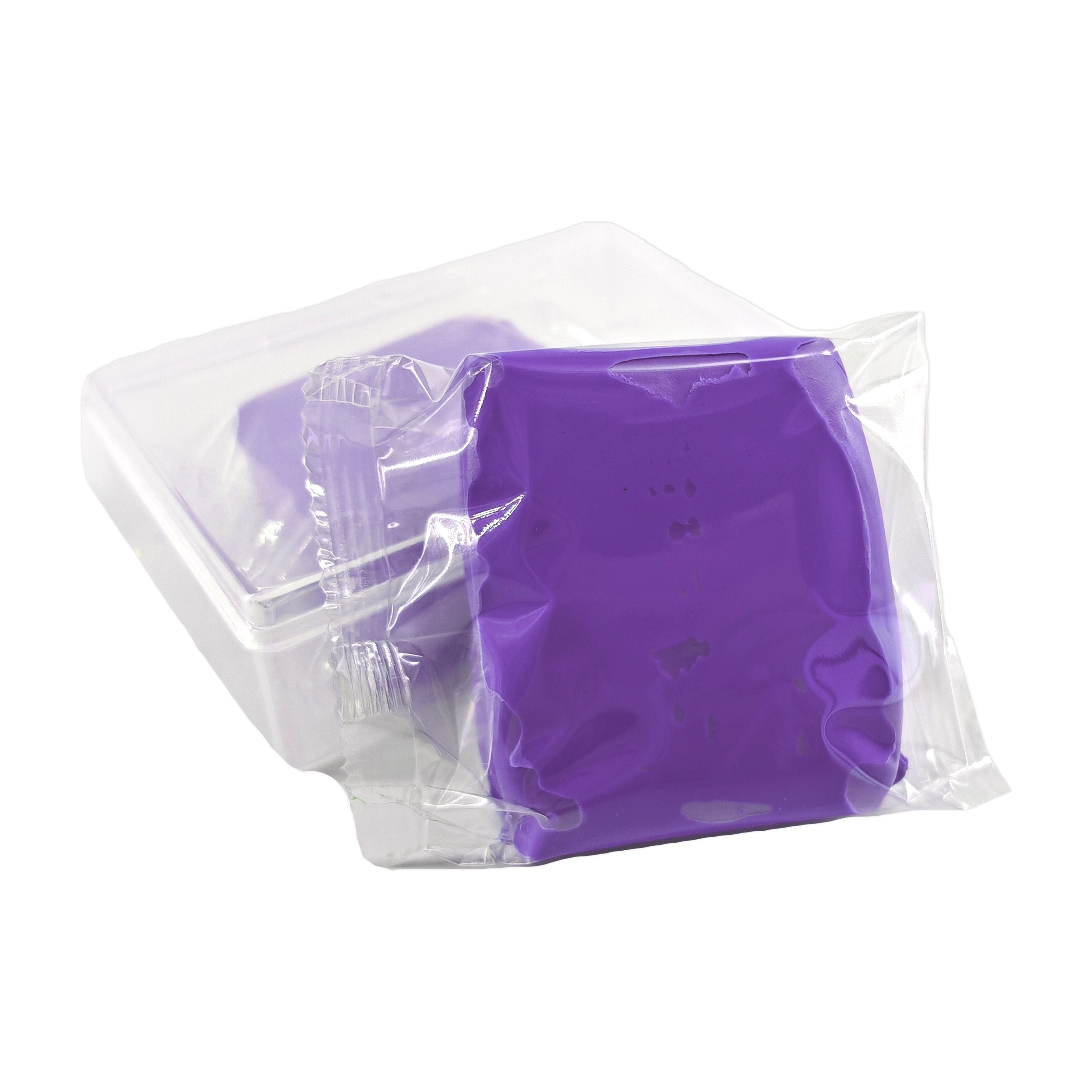Purple silicone mold in a clear plastic bag on a white background