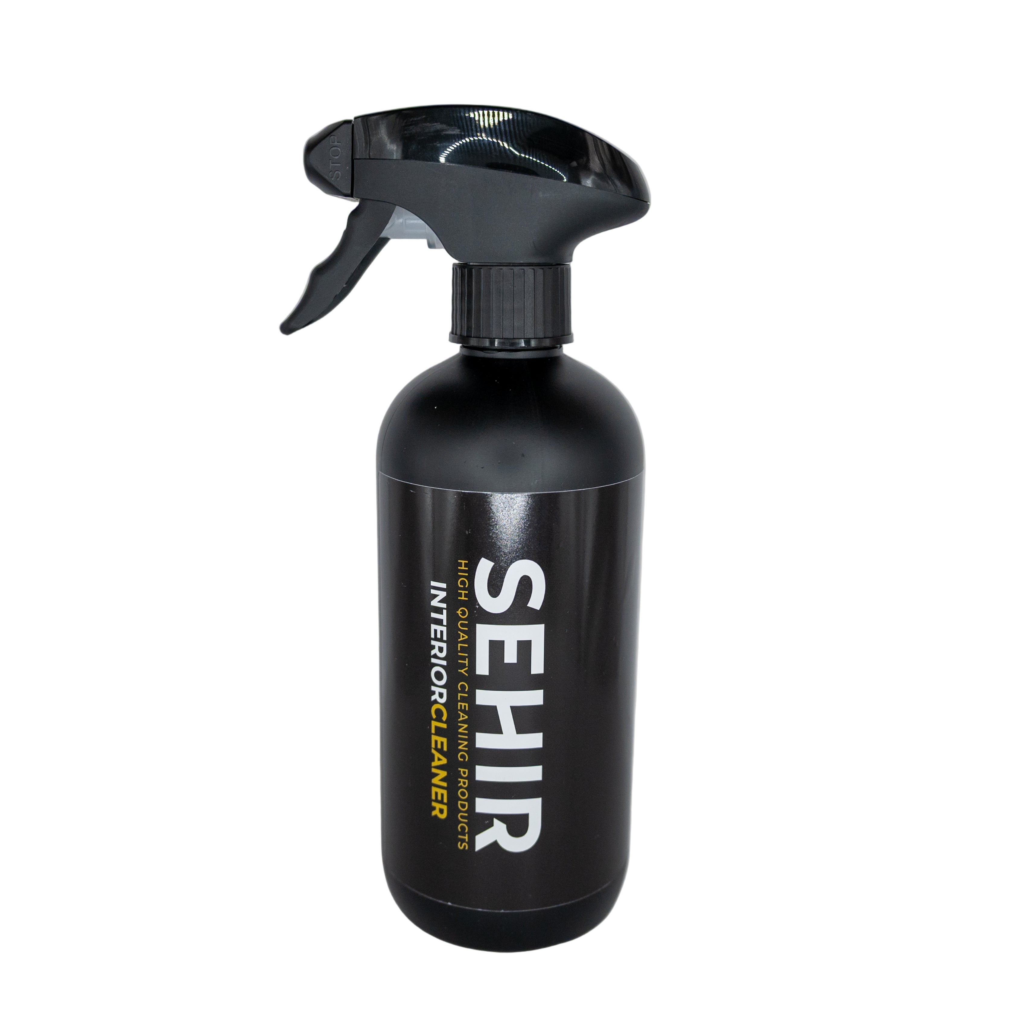 Black spray bottle labeled 'SEHIR Interior Cleaner' on a gray background