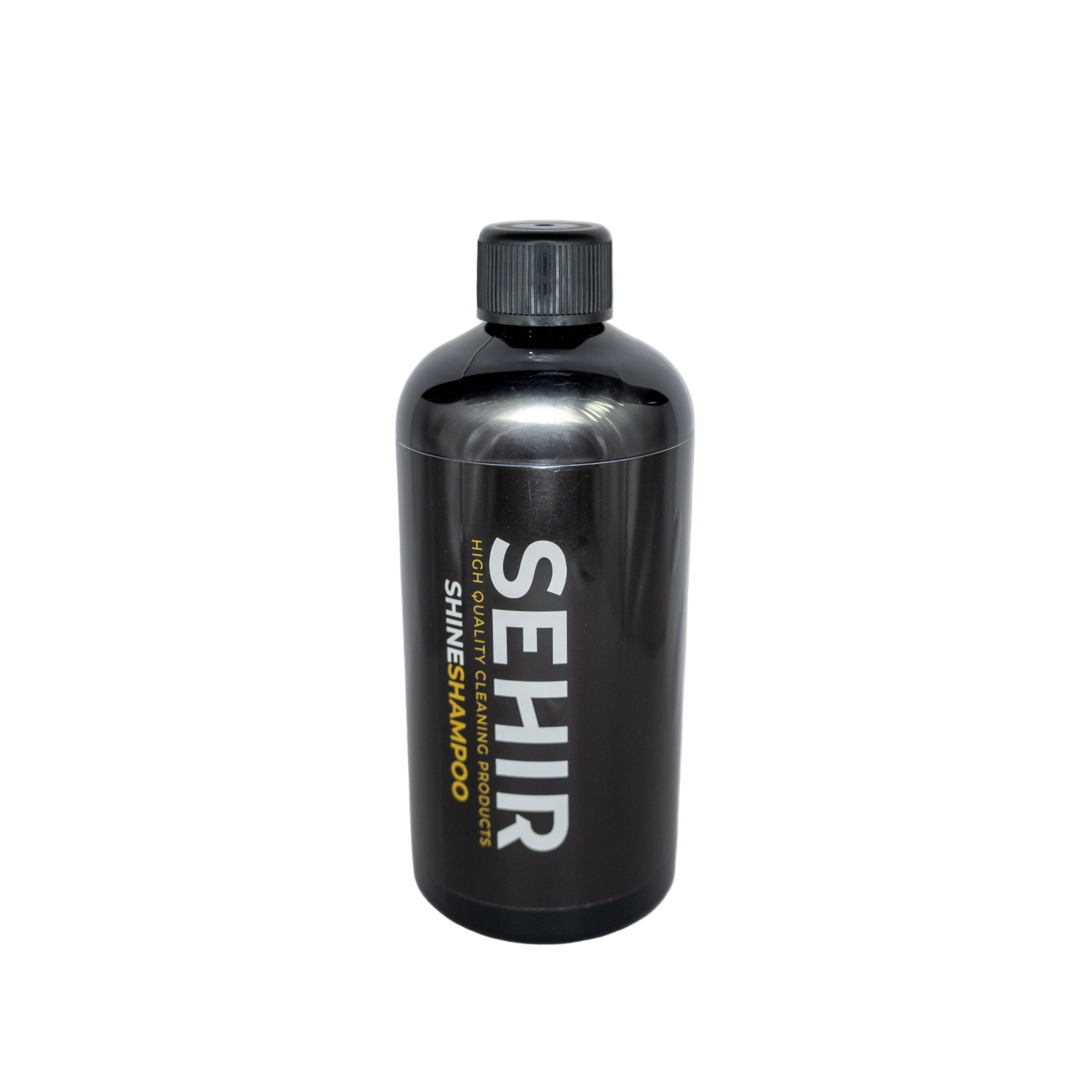 Black shampoo bottle with 'SEHIR' branding on a gray background