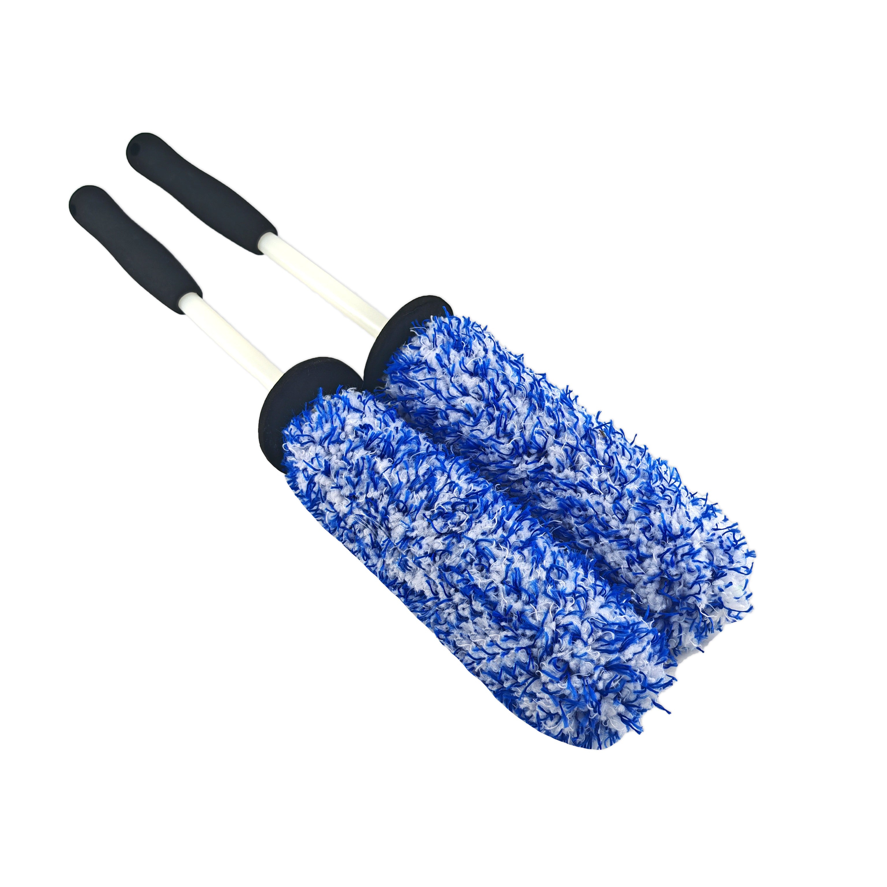 Two car Wheel Brush with blue and white bristle heads on a white background