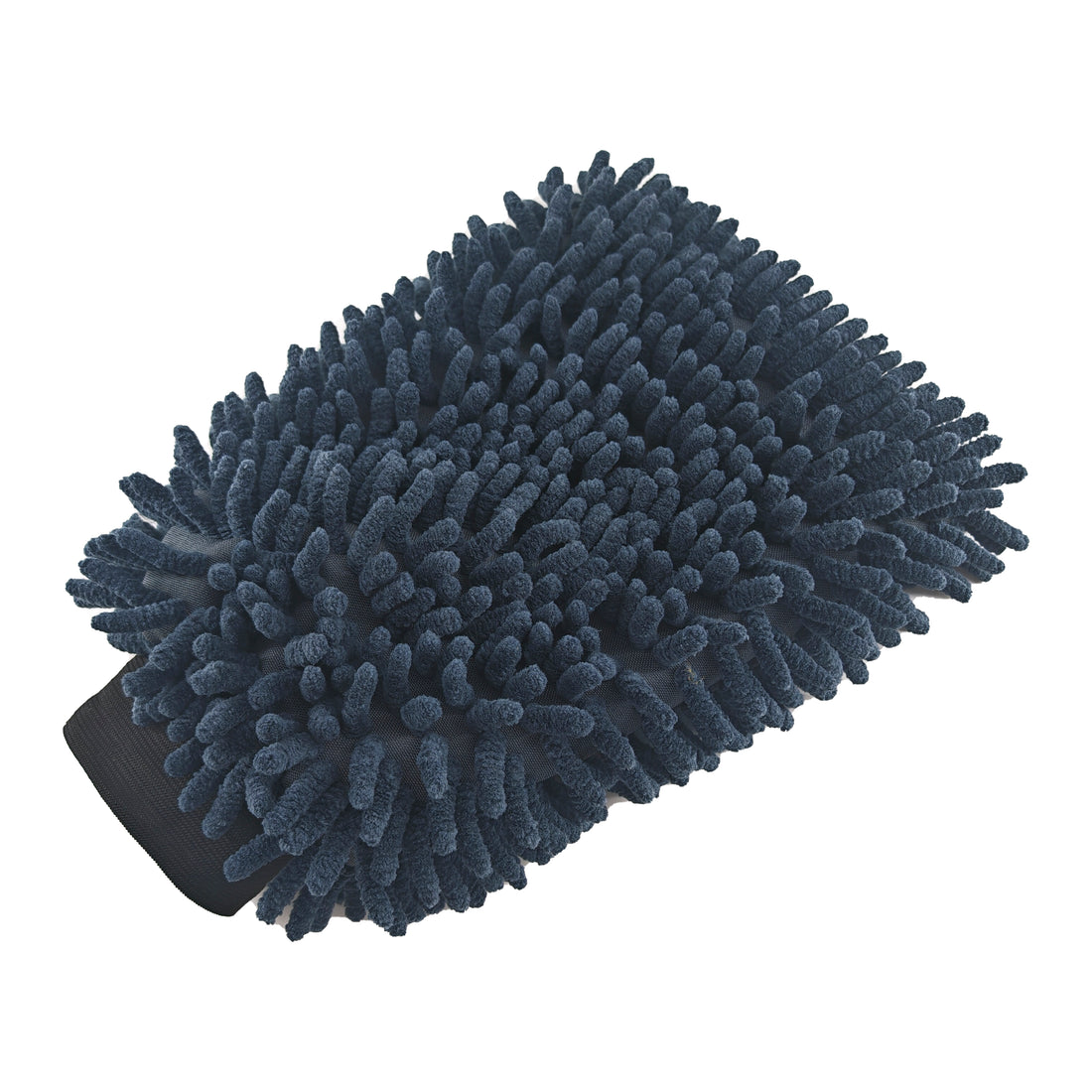 Black microfiber cleaning mitt on a white background