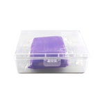 Clear plastic storage box with a purple item inside on a white background