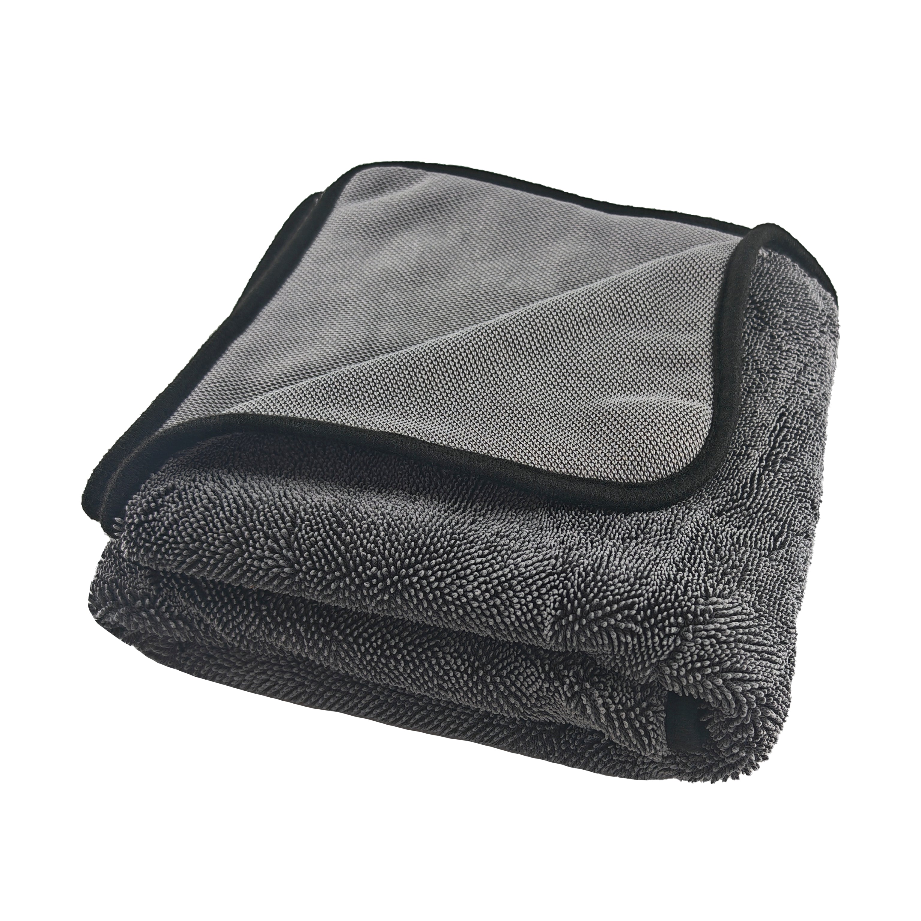 Folded gray Drying Towel 600GSM with black border on a white background