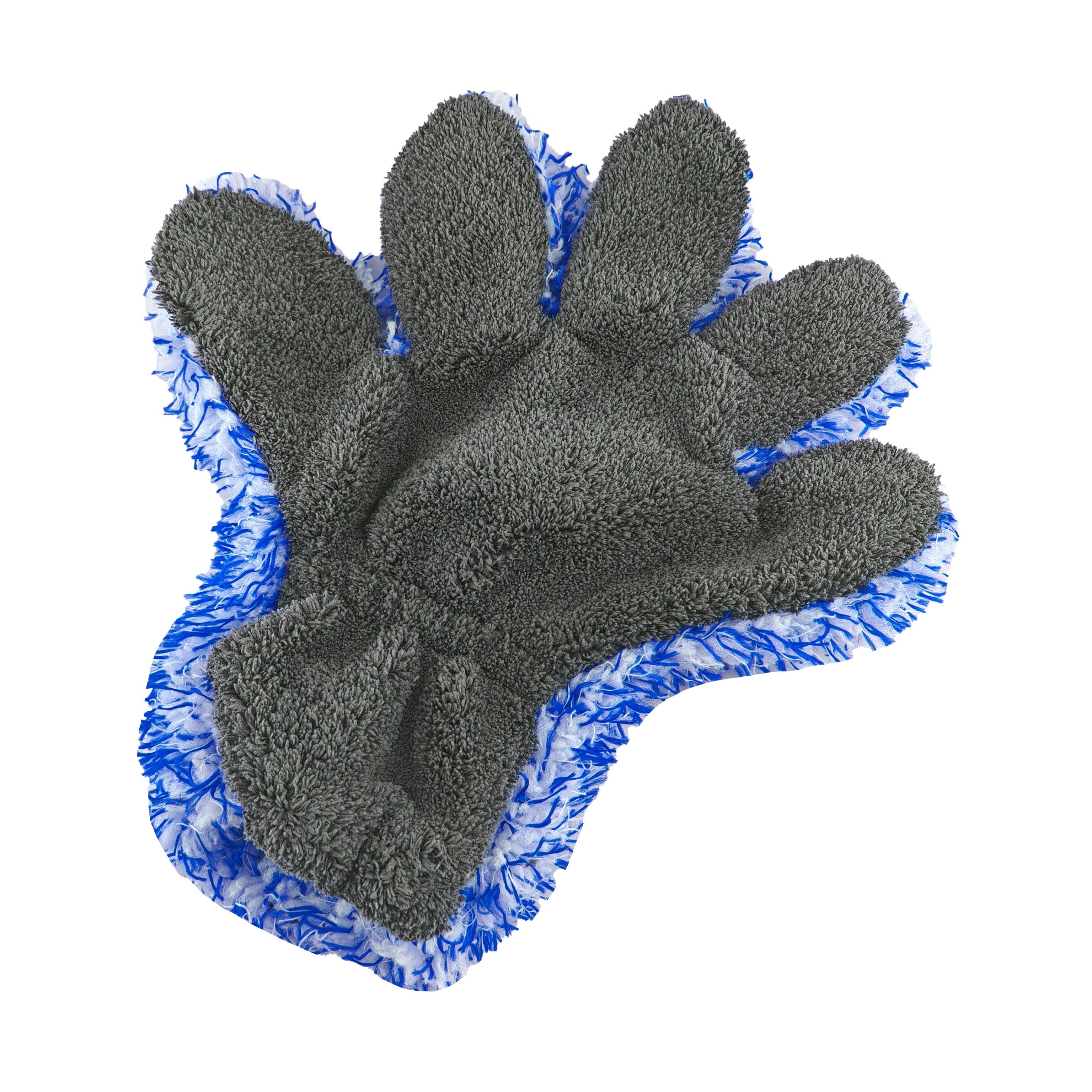 Gray microfiber mitt with blue border on a white background
